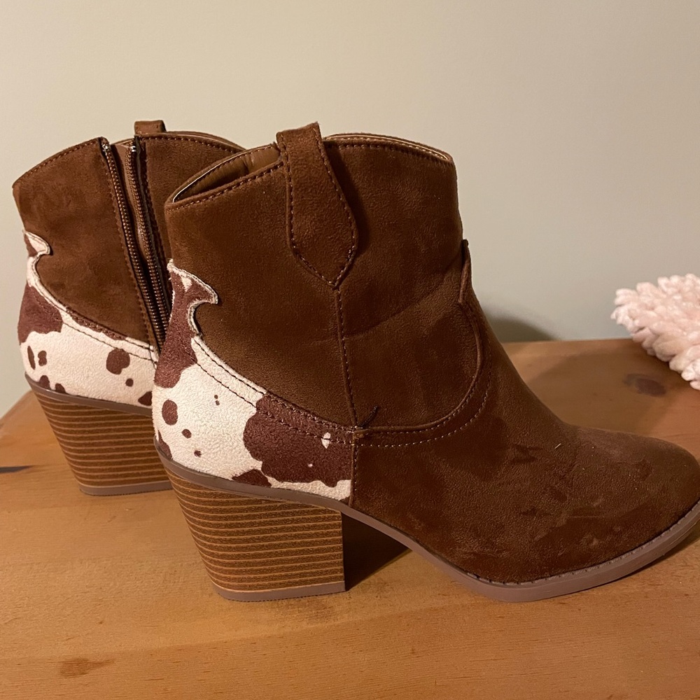 Cow print booties